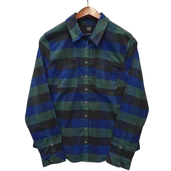 prAna Womens Meadow Run Flannel Shirt Sz M Soft Pine Plaid Sustainable Recycled - Picture 3 of 10